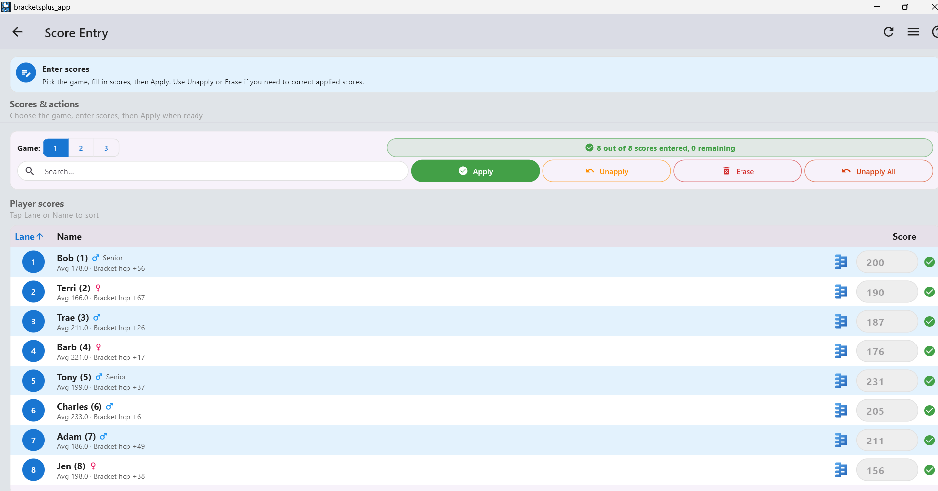 Score entry by game with apply and handicap